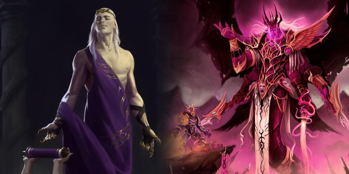 Warhammer 40k - Fulgrim sendo atendido e parecendo orgulhoso e Fulgrim em plena aparência de Daemon Prince