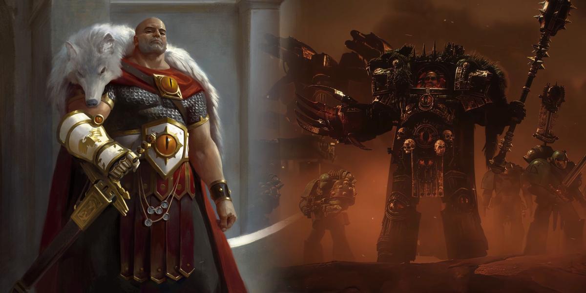 Warhammer 40k - Duas imagens mostrando Horus antes da corrupção do caos e depois