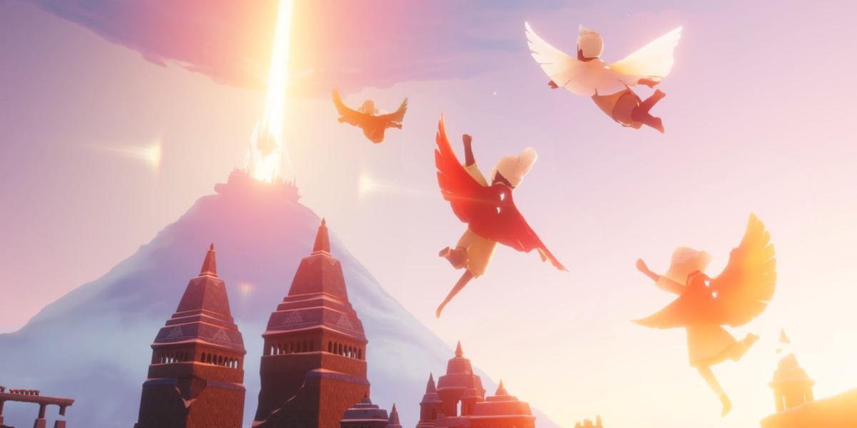 Quatro jogadores voando em direção a um farol de luz no céu: Filhos da Luz