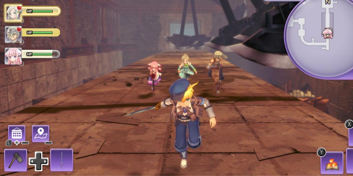 O jogador correndo por uma masmorra sendo seguido por três companheiros em Rune Factory 5
