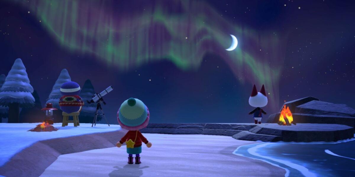 Um jogador assistindo a aurora boreal com dois aldeões em Animal Crossing New Horizons