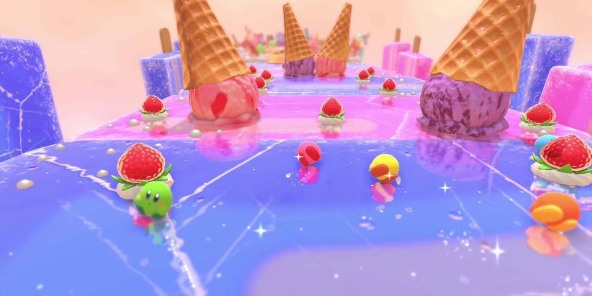 Quatro jogadores correndo em um escorregador em meio a sorvetes no Kirby's Dream Buffet