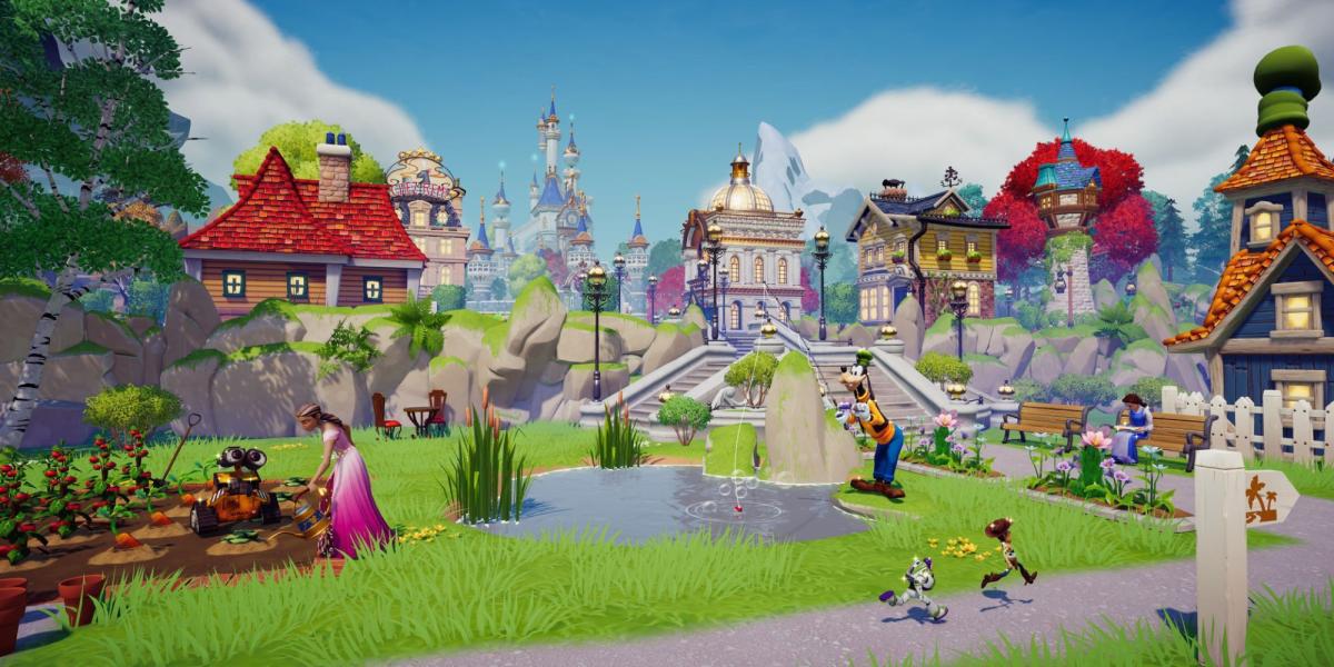 O jogador regando as plantações enquanto o Pateta pesca e a Bella lê no Disney Dreamlight Valley