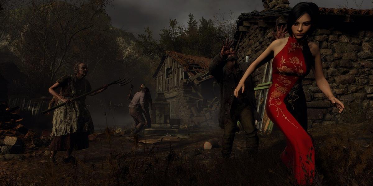 Imagem do remake de Resident Evil 4 mostrando Ada Wong fugindo de uma vila de Ganados.