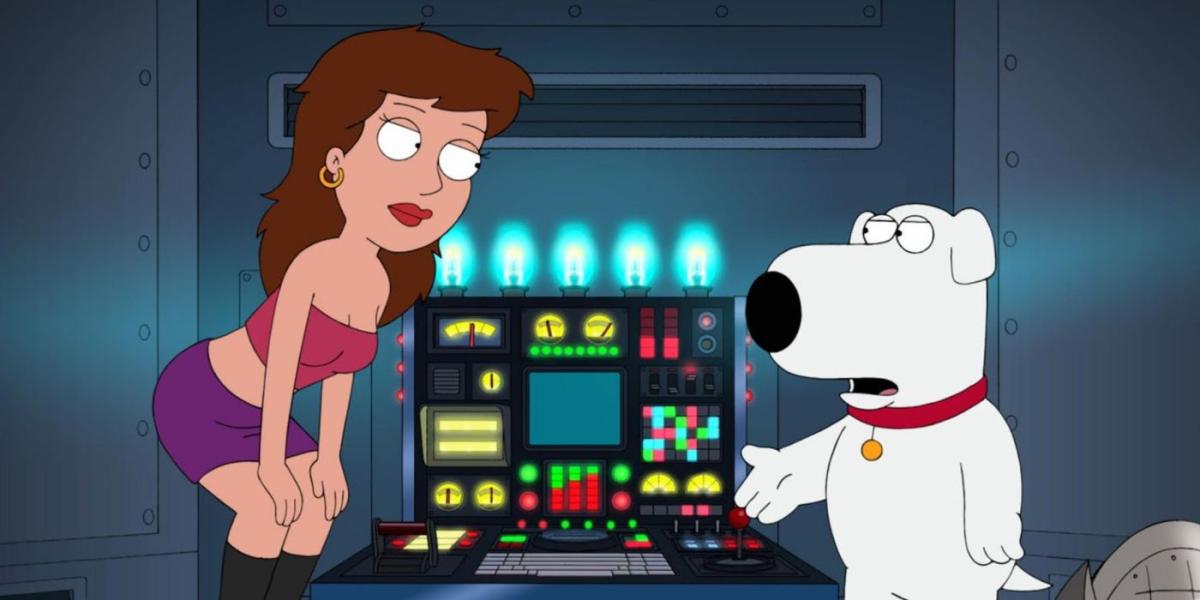 Captura de tela de Family Guy Brian com uma mulher em uma máquina do tempo