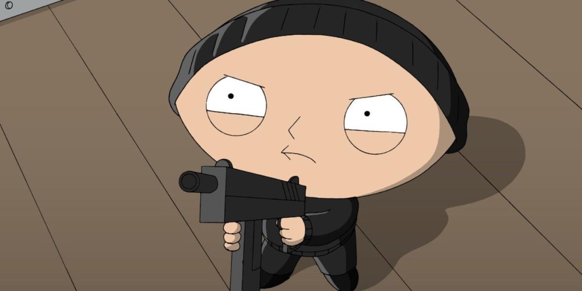 Captura de tela de Family Guy Stewie segurando a arma antes de matar Lois