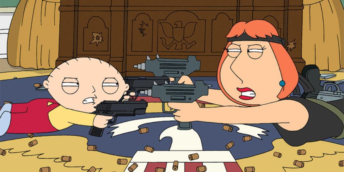 Captura de tela de Family Guy Stewie e Lois apontando armas um para o outro