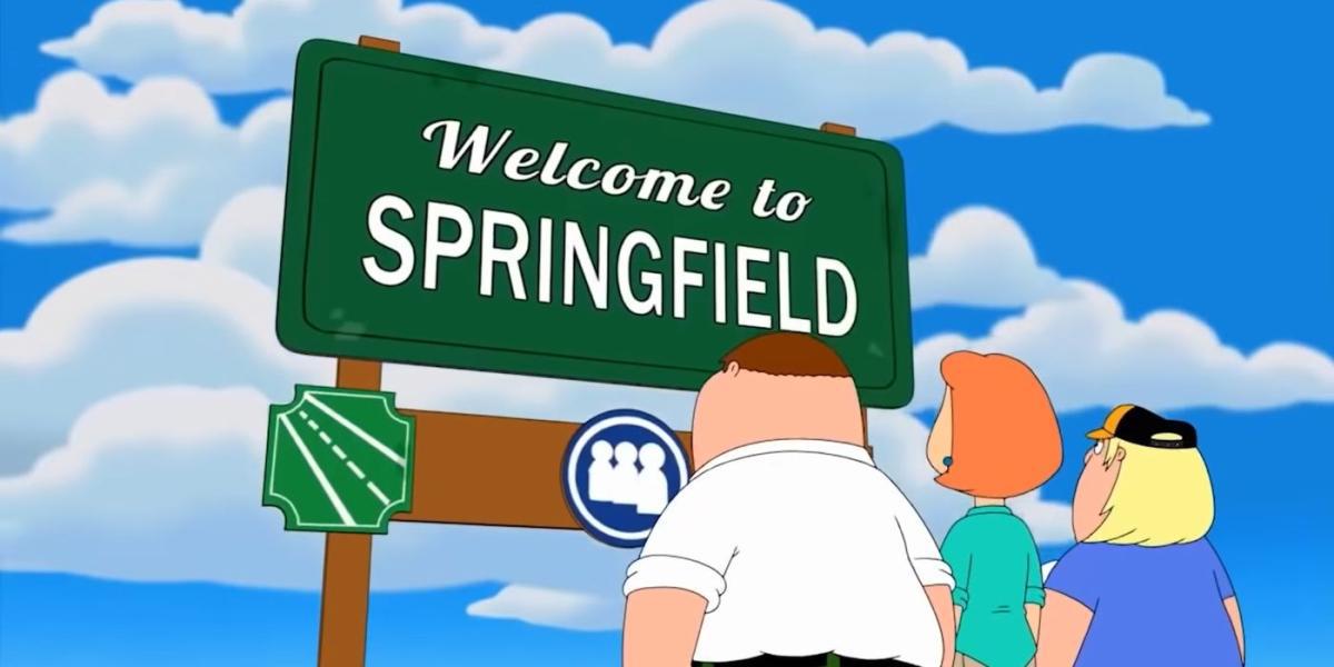 Captura de tela de Family Guy A família Griffin olhando para a placa de Springfield