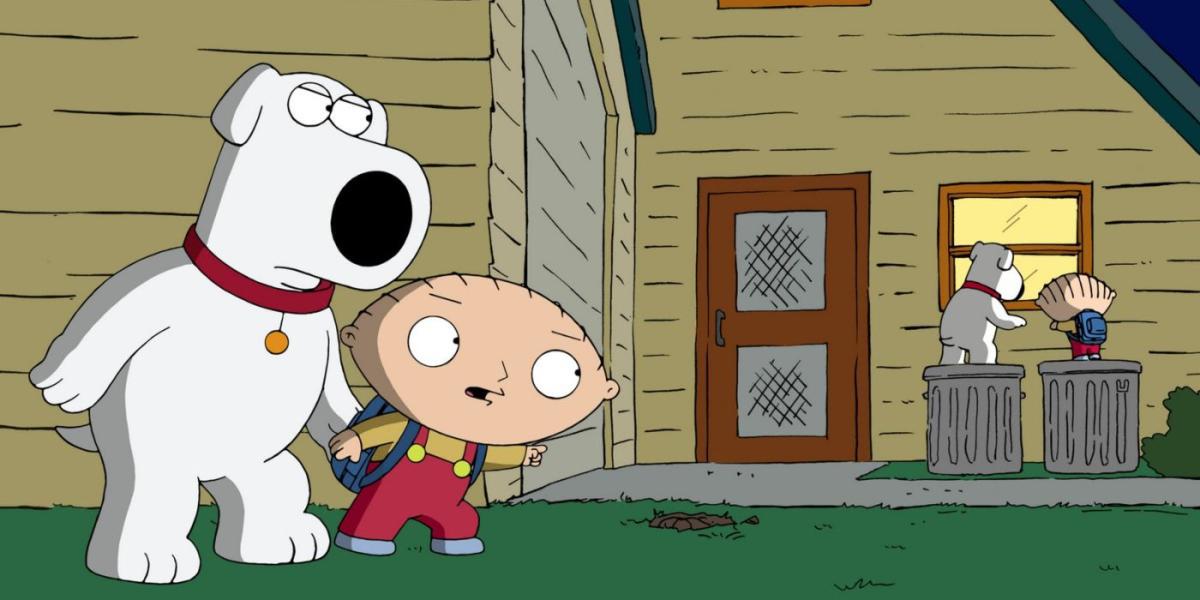 Captura de tela de Seth MacFarlane Family Guy de Back to the Pilot Stewie e Brian olhando para o passado