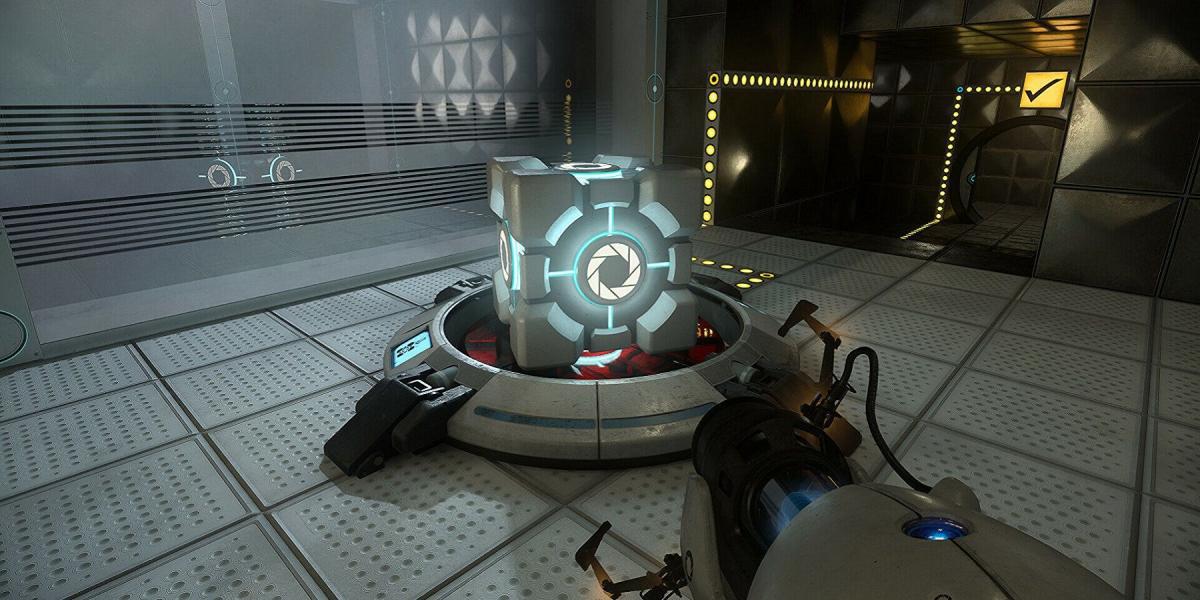 Imagem do Portal RTX mostrando um cubo em um botão vermelho.