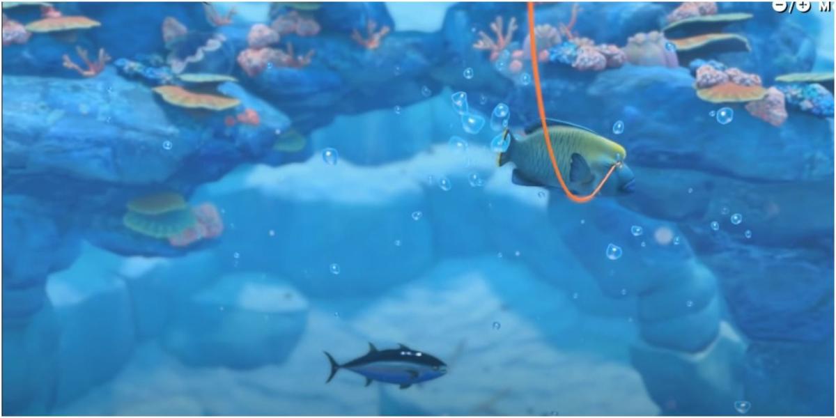 Nintendo Labo pegando um peixe com o carretel