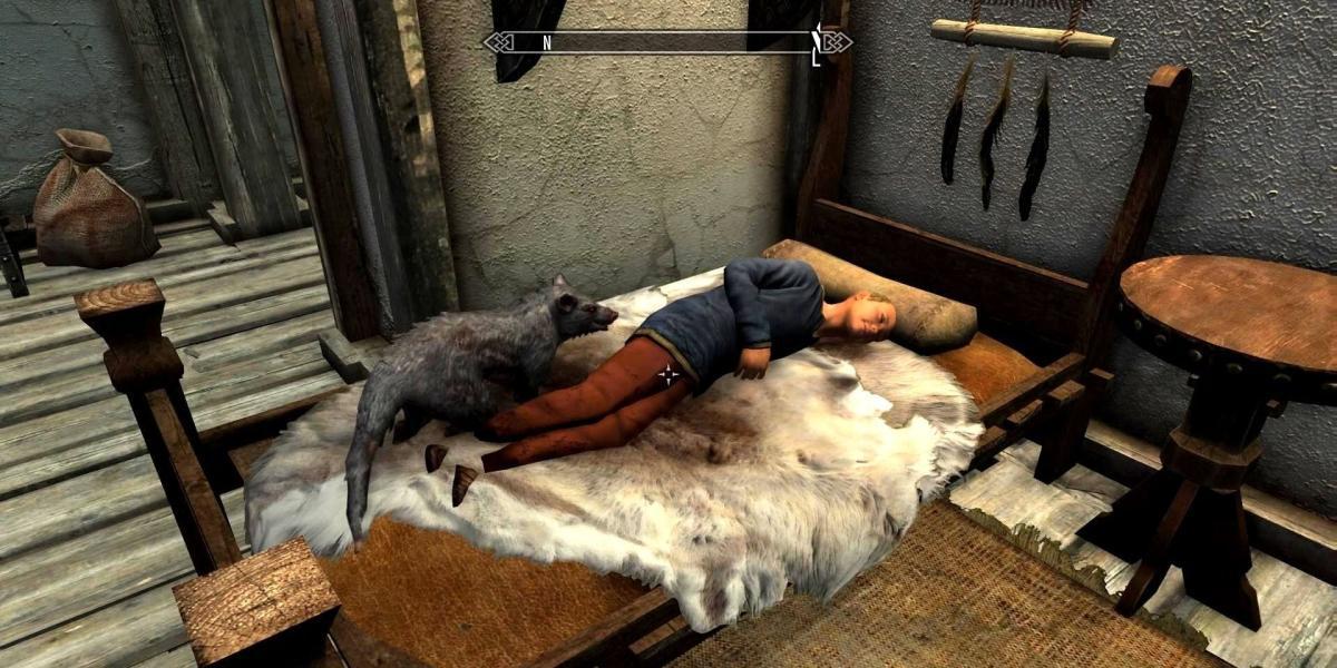 Skyrim Biter Skeever Animal de estimação e criança dormindo