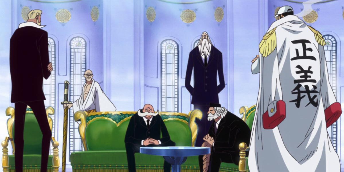 One Piece - Cinco Anciãos ao lado de Akainu para mostrar altura