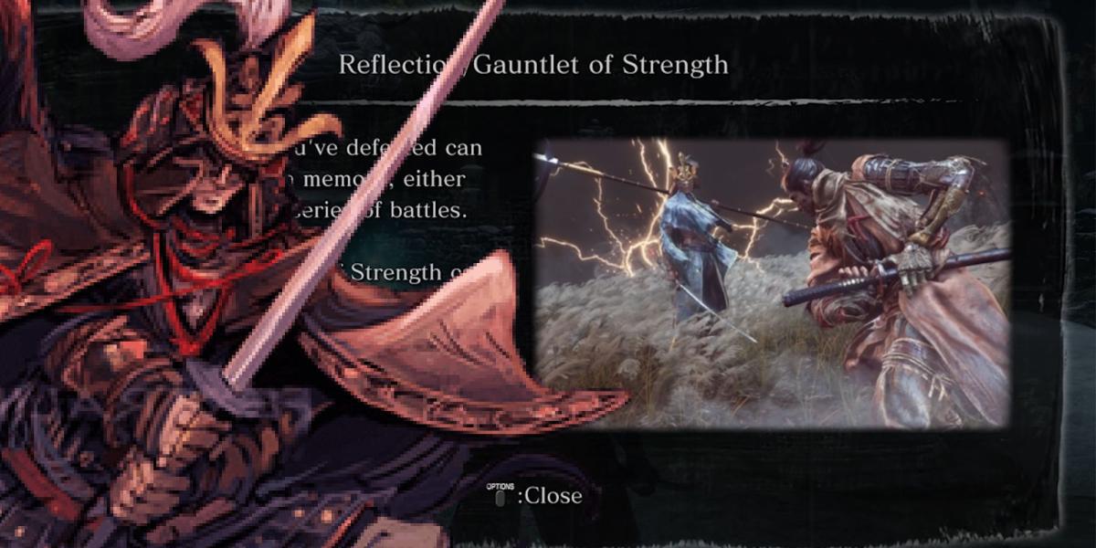Sekiro - Arte de Genichiro no jogo PNG sobreposta no pop-up do tutorial para o Gauntlet of Strength