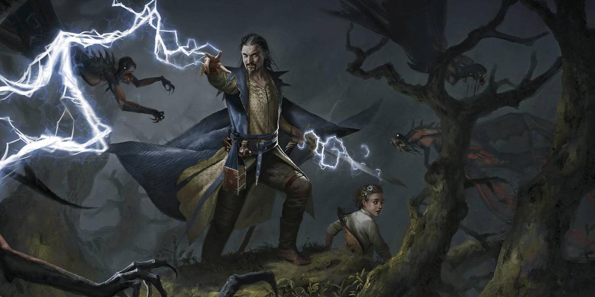 The Witcher - Arte promocional de Alzur para o jogo Gwent, mostrando-o usando seu feitiço do trovão