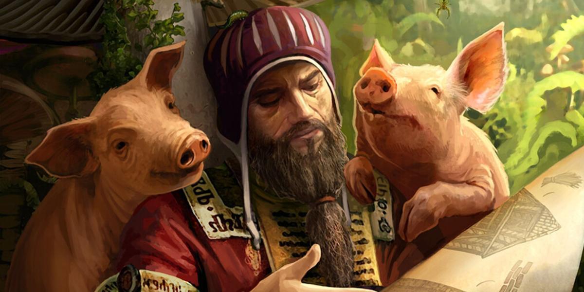 Arte do cartão The Witcher -Gwent para Artorius Vigo, mostrando-o revisando planos com alguns porcos mágicos