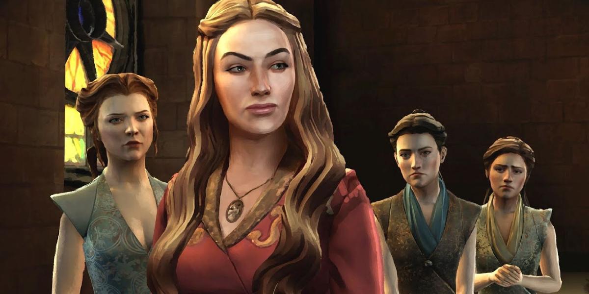 Cersei, Margaery e dois personagens originais juntos em uma sala do palácio.