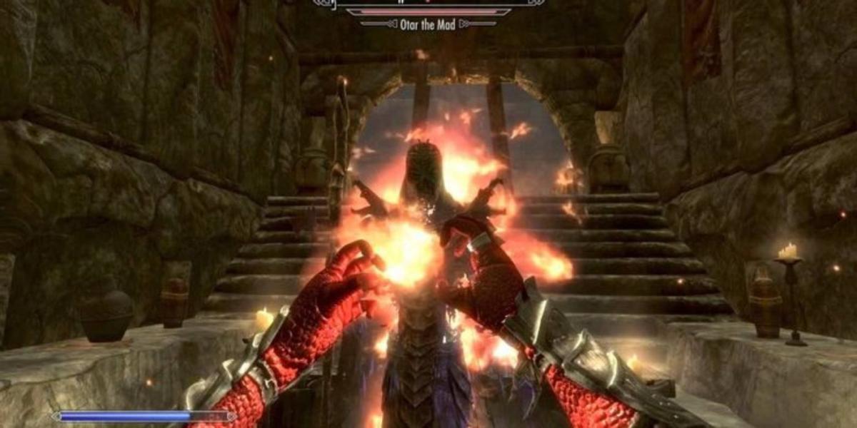 Feitiço de Incinerar de Skyrim usado contra um Sacerdote do Dragão