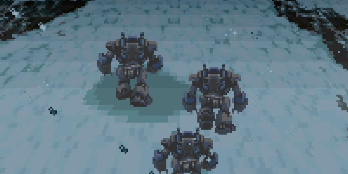 A sequência de abertura de Final Fantasy 6, apresentando três armaduras magitek marchando por uma tundra.