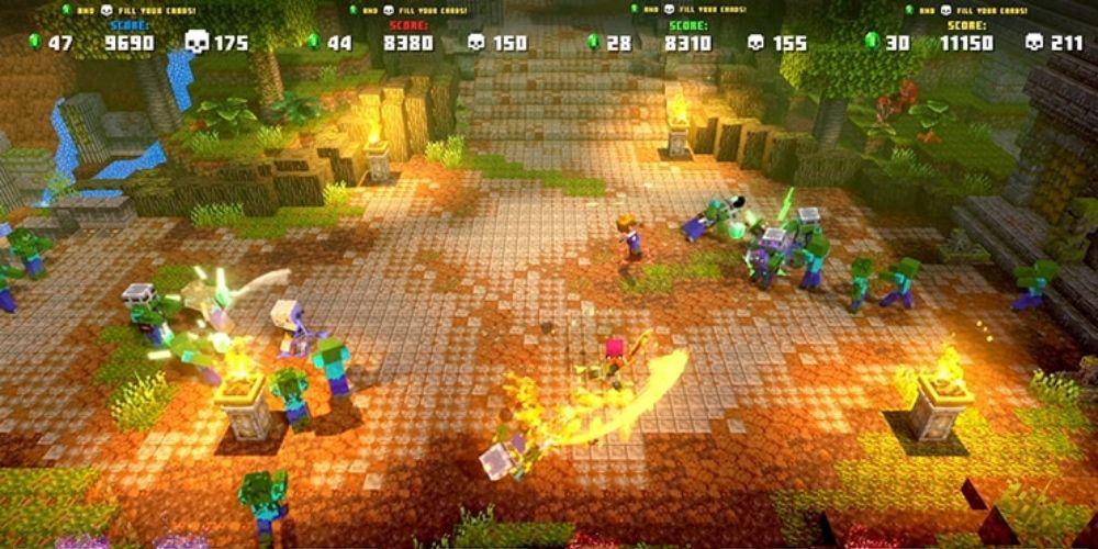 Minecraft Dungeons Arcade jogo lutando contra zumbis