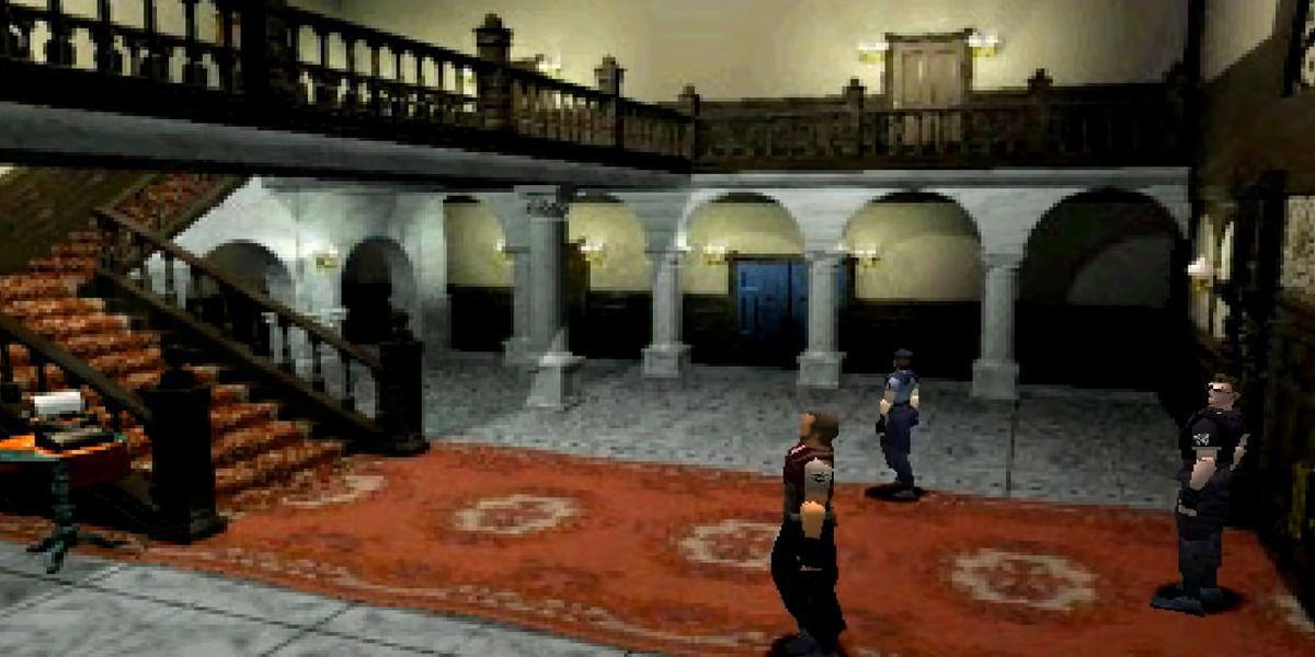 Três personagens na mansão de Resident Evil 1