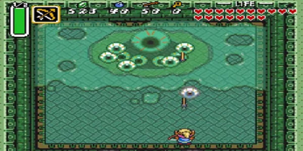 A batalha do chefe contra o Vitreous de Misery Mire em The Legend of Zelda: A Link to the Past