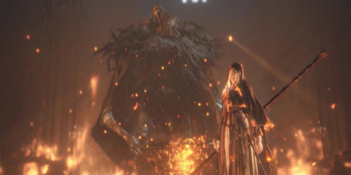 Irmã Friede e Padre Ariandel em chamas no DLC Ashes of Ariandel em Dark Souls 3