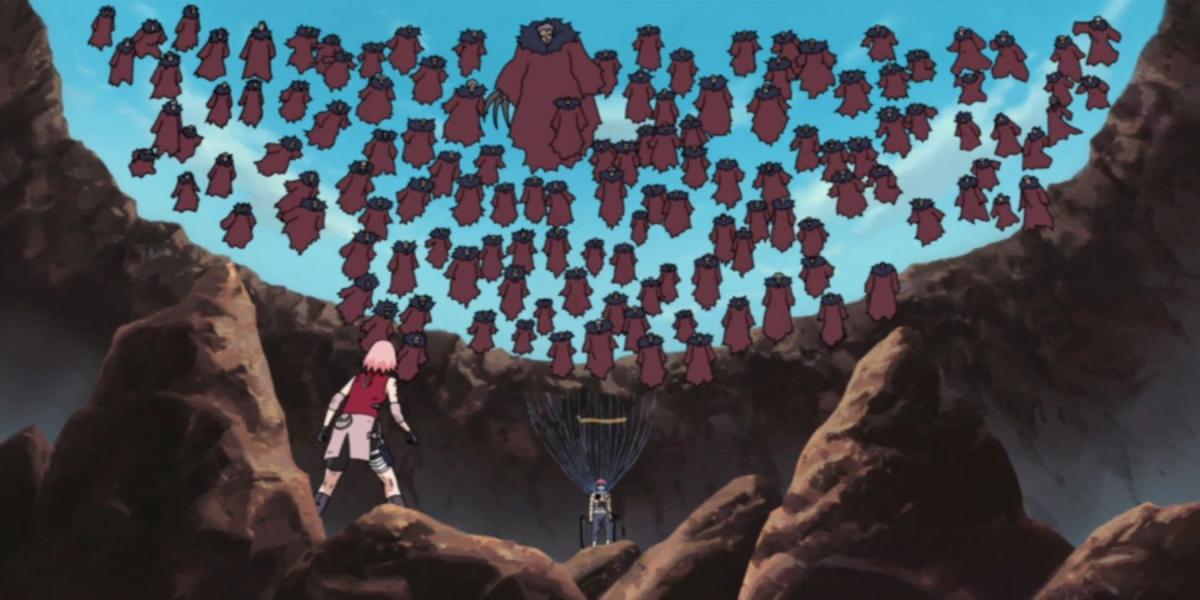 Sasori usando 100 fantoches contra Sakura e Chiyo