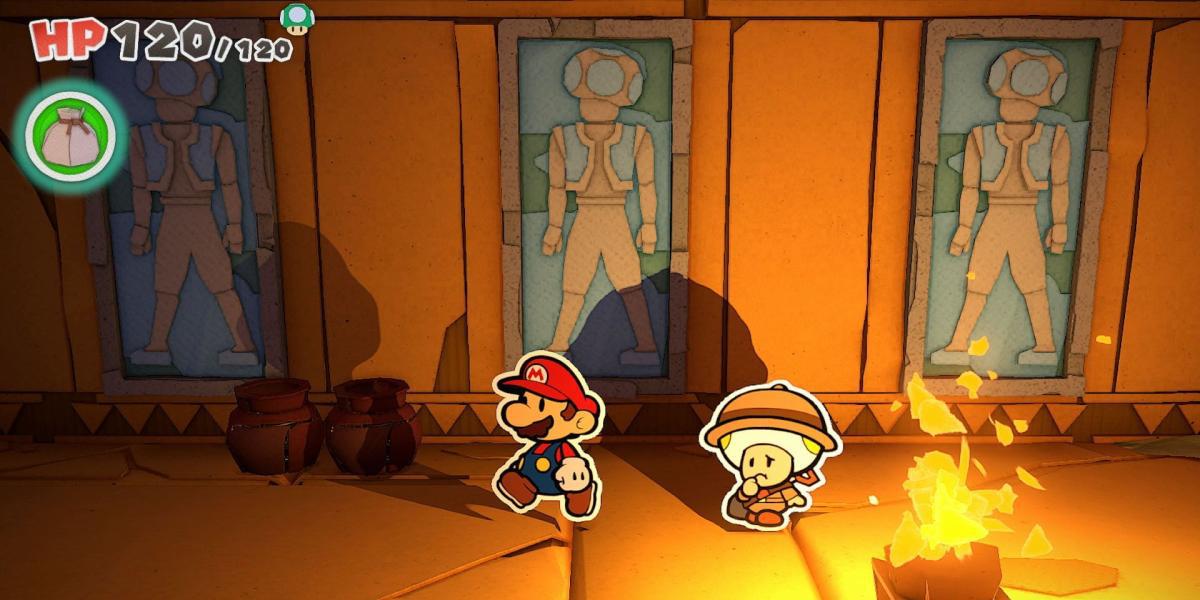 Mario e Professor Toad em um templo em Paper Mario: The Origami King