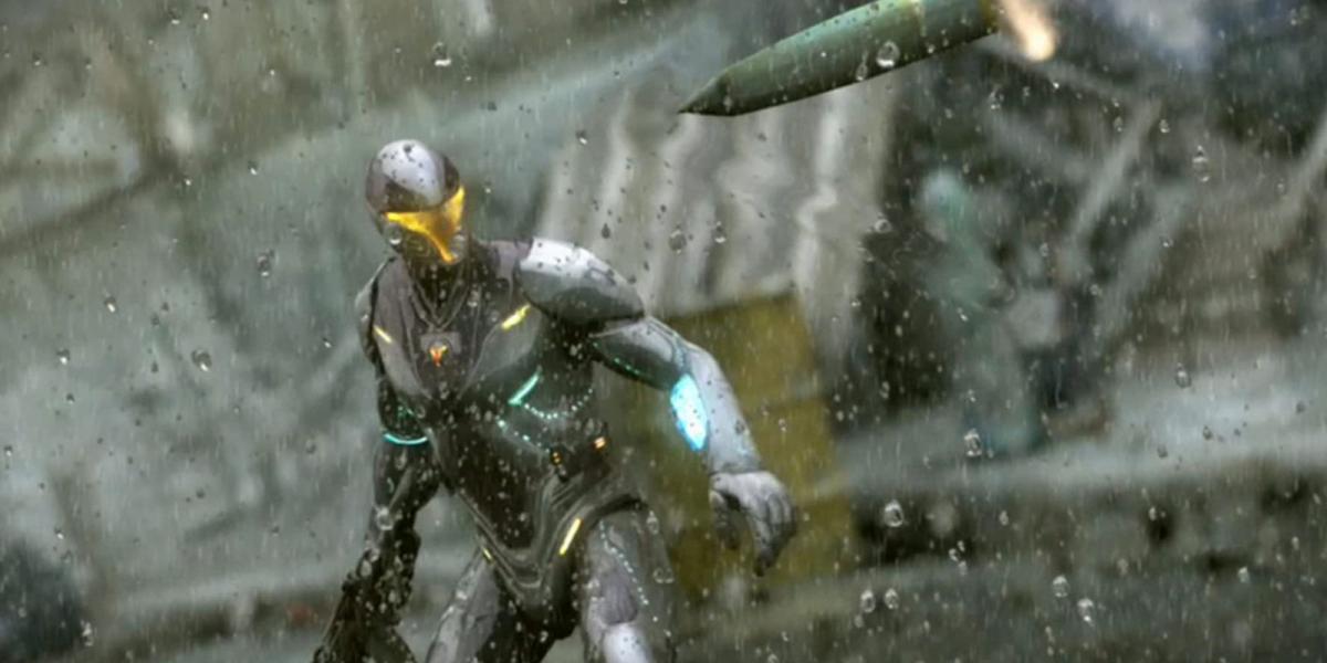 O personagem de Timeshift parado na chuva, um objeto voando em sua direção
