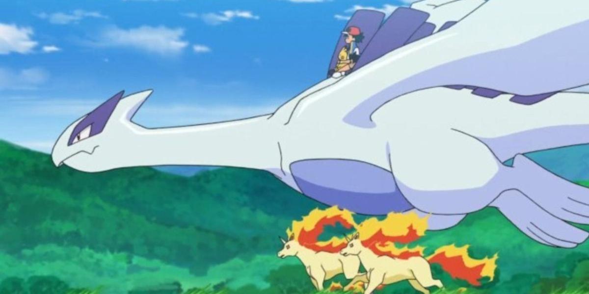 Pokemon Anime Lugia voando sobre Rapidash
