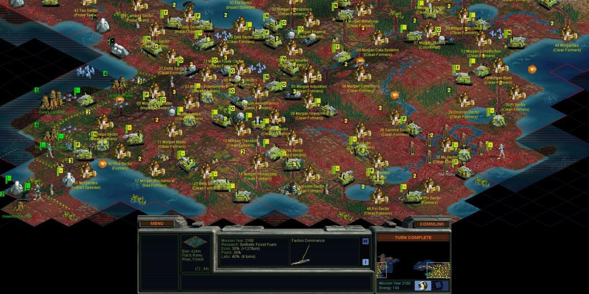Uma captura de tela do final do jogo de Alpha Centauri de Sid Meier com a facção Morgan