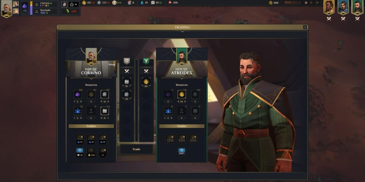A interface da tela de diplomacia de Dune: Spice Wars