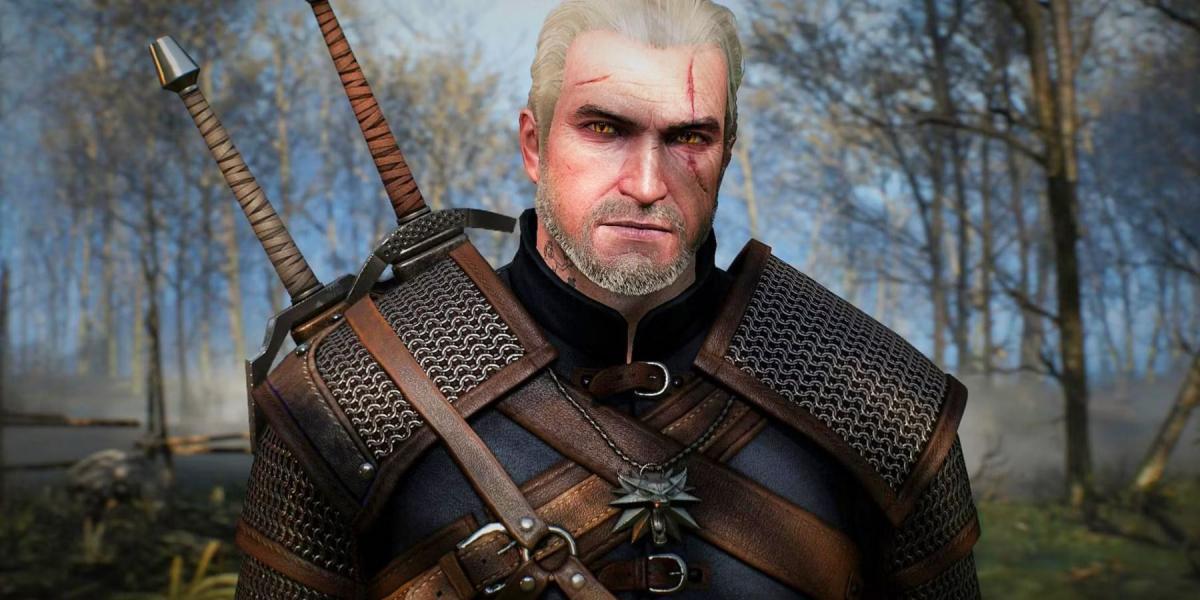 Close de Geralt do jogo The Witcher 3