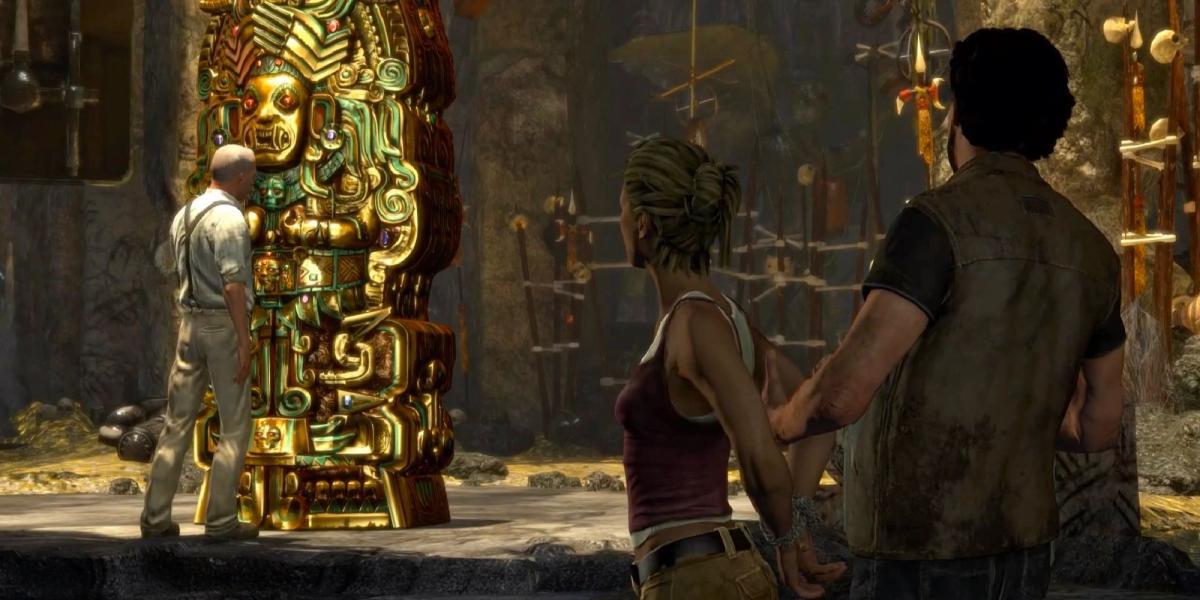 O artefato El Dorado prestes a ser aberto pelo principal antagonista do primeiro jogo Uncharted.