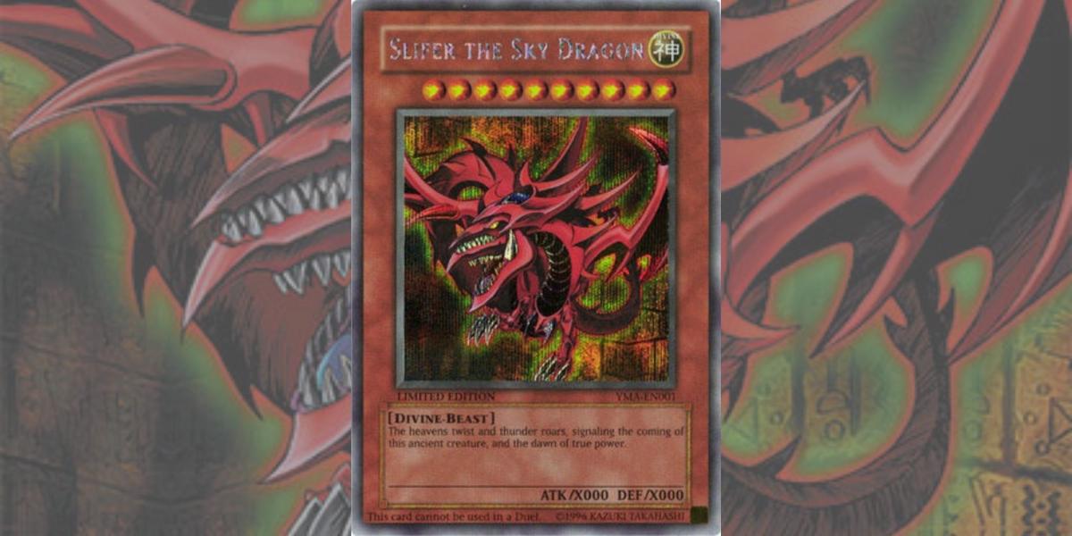 Yu-Gi-Oh! Cartão Slifer the Sky Dragon contra fundo feito de arte de cartão.