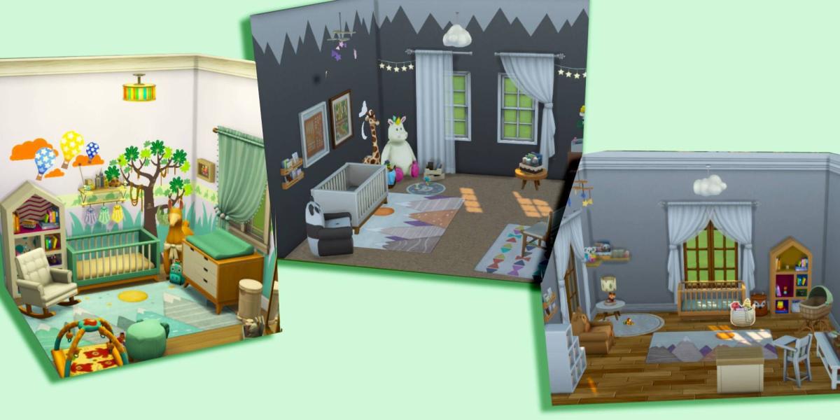 Três quartos para bebês em The Sims 4. Um colorido, um cinza e neutro e um de gênero neutro.