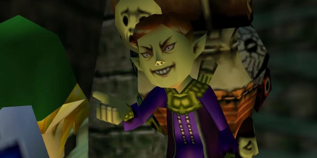 Vendedor conversando com o filho Link em Majora's Mask