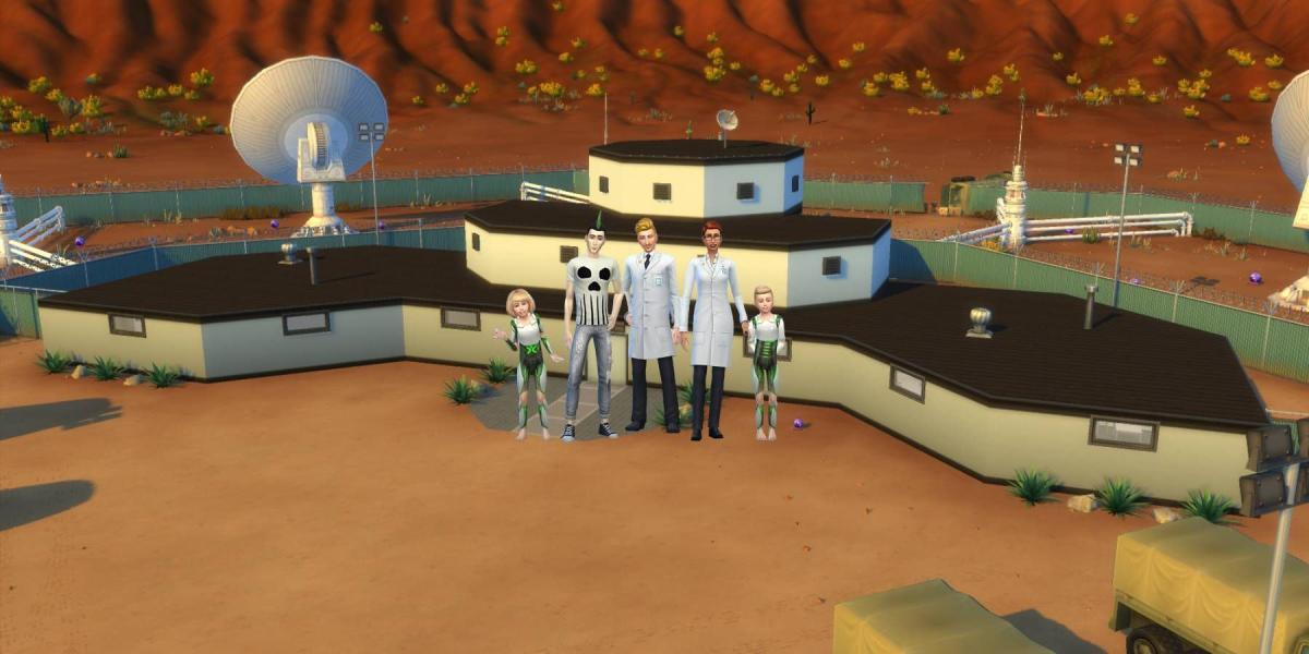 A Família Beaker em frente a um laboratório from The Sims 4