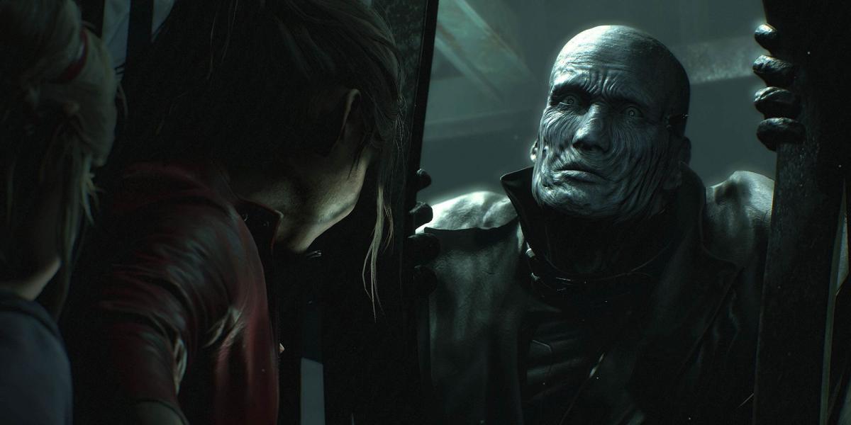 Resident Evil - close-up aterrorizante no rosto do Sr. X em RE2 Remaster