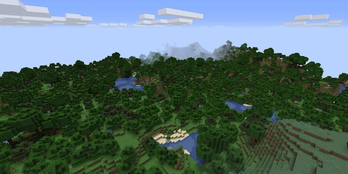 mago do Minecraft mostrando uma tomada grande angular do mundo superior, que inclui uma floresta.