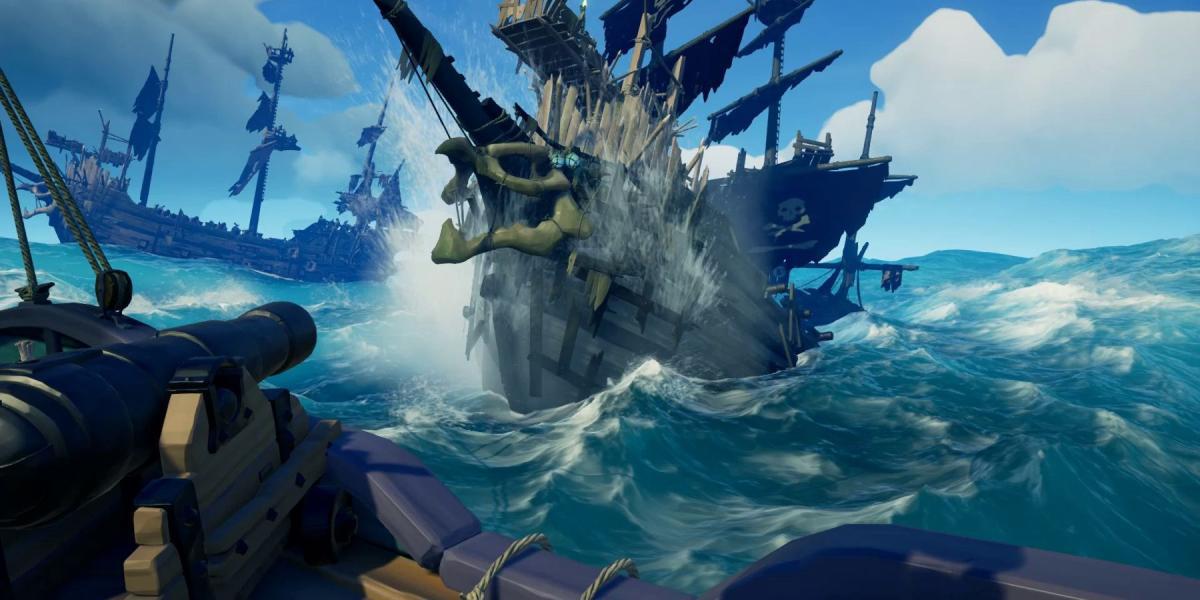 mar de ladrões afundando um navio esqueleto