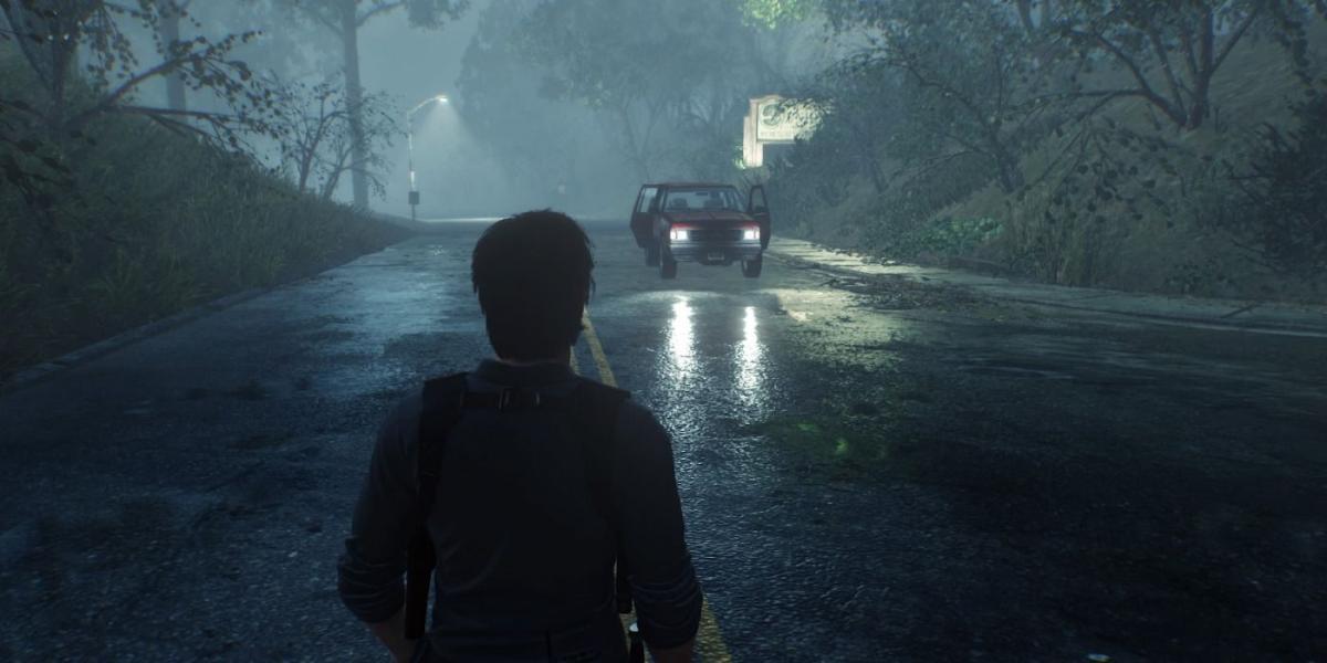 Captura de tela do jogo The Evil Within 2 de um carro vazio com a luz acesa