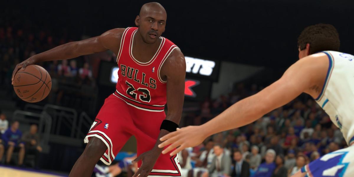 Michael Jordan enfrentando um jogador em NBA 2K23