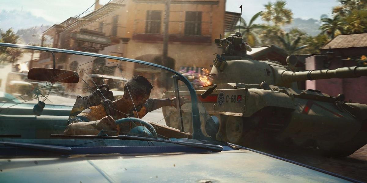 Alguém jogando um coquetel Molotov em um tanque enquanto dirige em Far Cry 6