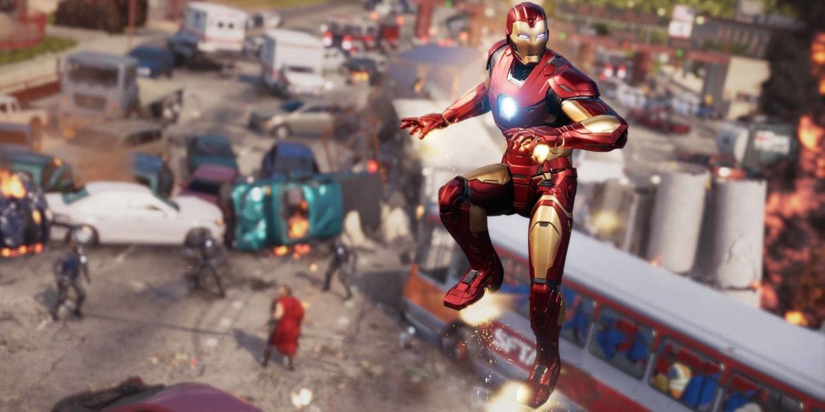 Homem de Ferro flutuando sobre destroços em Marvel's Avengers