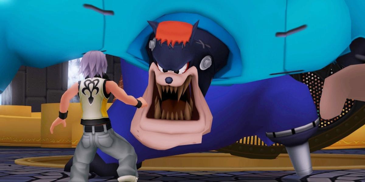 Julius se eleva sobre Riku em Kingdom Hearts Dream Drop Distance