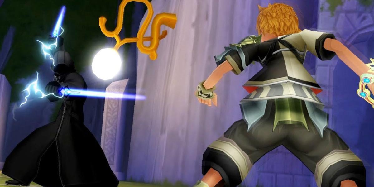 Ventus se preparando para lutar contra a figura misteriosa em Kingdom Hearts Birth By Sleep