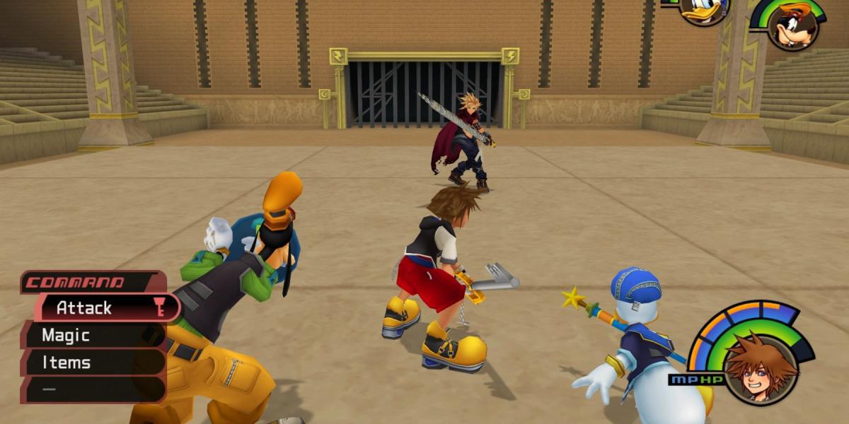 Sora, Donald e Pateta enfrentam Cloud em Kingdom Hearts 1