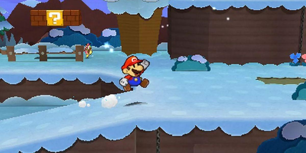Paper Mario Sticker Star Mario pulando no caminho nevado